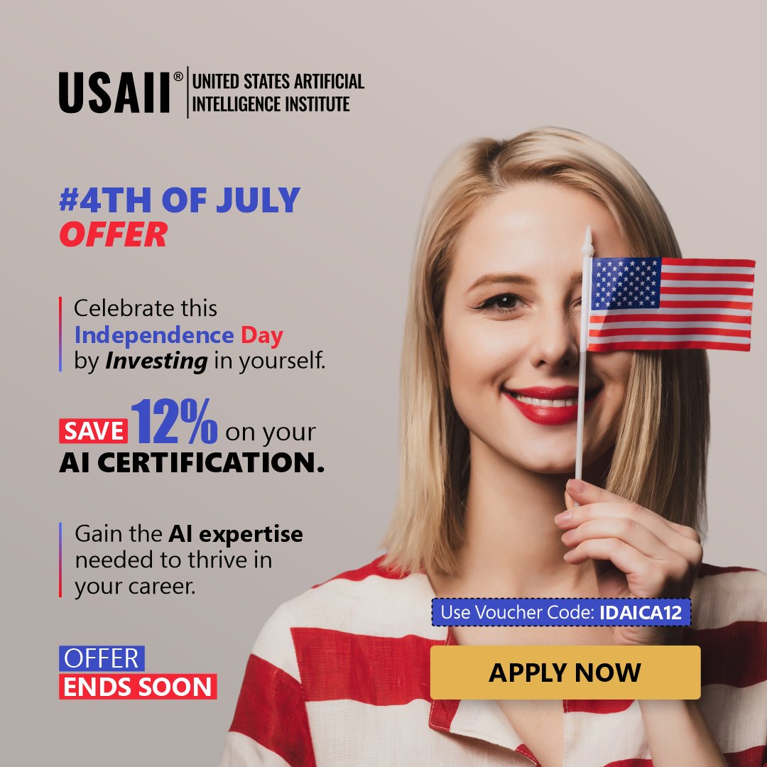 usaiinstitute's tweet image. This Independence Day, take your AI skills to the next level with world-renowned AI certifications from USAII®. Avail 12% discount across all AI certifications. 

shorturl.at/Bfeqw

#USAII #AICertification #4thofJulyOffer