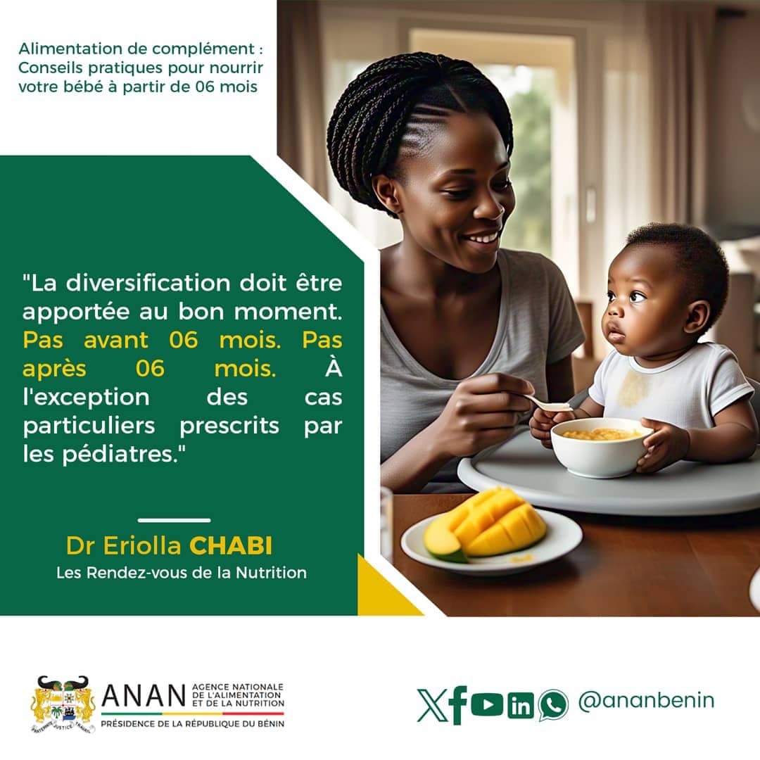 actualites229's tweet photo. 🇧🇯 𝗠𝗲𝘀𝘀𝗮𝗴𝗲 𝗶𝗺𝗽𝗼𝗿𝘁𝗮𝗻𝘁 𝗽𝗼𝘂𝗿 𝗹𝗲𝘀 𝗻𝗼𝘂𝘃𝗲𝗮𝘂𝘅, 𝗳𝘂𝘁𝘂𝗿𝘀 𝗽𝗮𝗽𝗮𝘀 𝗲𝘁 𝗺𝗮𝗺𝗮𝗻𝘀. 

⛔𝗗𝗲̀𝘀 𝗹'𝗮̂𝗴𝗲 𝗱𝗲 𝟬𝟲 𝗺𝗼𝗶𝘀 𝗼𝘂̀ 𝗱𝗲́𝗯𝘂𝘁𝗲 𝗹𝗮 𝗱𝗶𝘃𝗲𝗿𝘀𝗶𝗳𝗶𝗰𝗮𝘁𝗶𝗼𝗻 𝗮𝗹𝗶𝗺𝗲𝗻𝘁𝗮𝗶𝗿𝗲, 𝗽𝗮𝘀 𝗱𝗲 𝘀𝗲𝗹! 𝗣𝗮𝘀 𝗱𝗲 𝘀𝘂𝗰𝗿𝗲 ! 𝗣𝗮𝘀 𝗱𝗲 𝗯𝗹𝗮𝗻𝗰 𝗱'œ𝘂𝗳 𝗱𝗮𝗻𝘀 𝗹𝗲𝘀 𝗿𝗲𝗽𝗮𝘀 𝗱𝗲 𝗹'𝗲𝗻𝗳𝗮𝗻𝘁. 

📍 Suivez dans ces visuels , les conseils pratiques du Dr Eriolla CHABI pour réussir votre diversification alimentaire⤵️ .