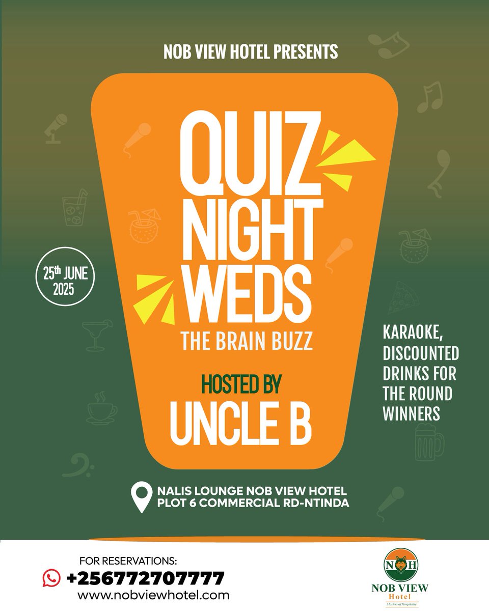 NobviewHotel's tweet photo. Quiz Night Weds at Nalis Lounge!
Gather your crew &amp; bring your brainpower — it’s time for the midweek showdown!  karaoke, Discounted drinks for round winners 🍻

#QuizNightWednesdays #BrainBuzzUG #karaoke #NobviewHotel #NalisLounge #Accommodation #CarolRestaurant #Nalis #FreeWiFi https://t.co/lgbbCI9lrH