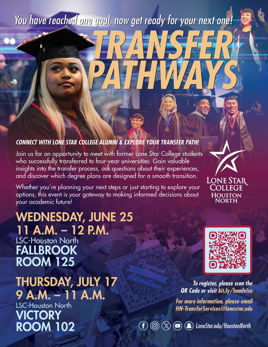 LSCHoustonNorth's tweet image. Wednesday, June 25 from 11 a.m. – 12 p.m. at @Lschoustonnorth Fallbrook

Connect with Lone Star College Alumni students &amp;amp; ask questions about their experiences, and discover which degree plans are designed for a smooth transition.

To register, visit bit.ly/hnadvise