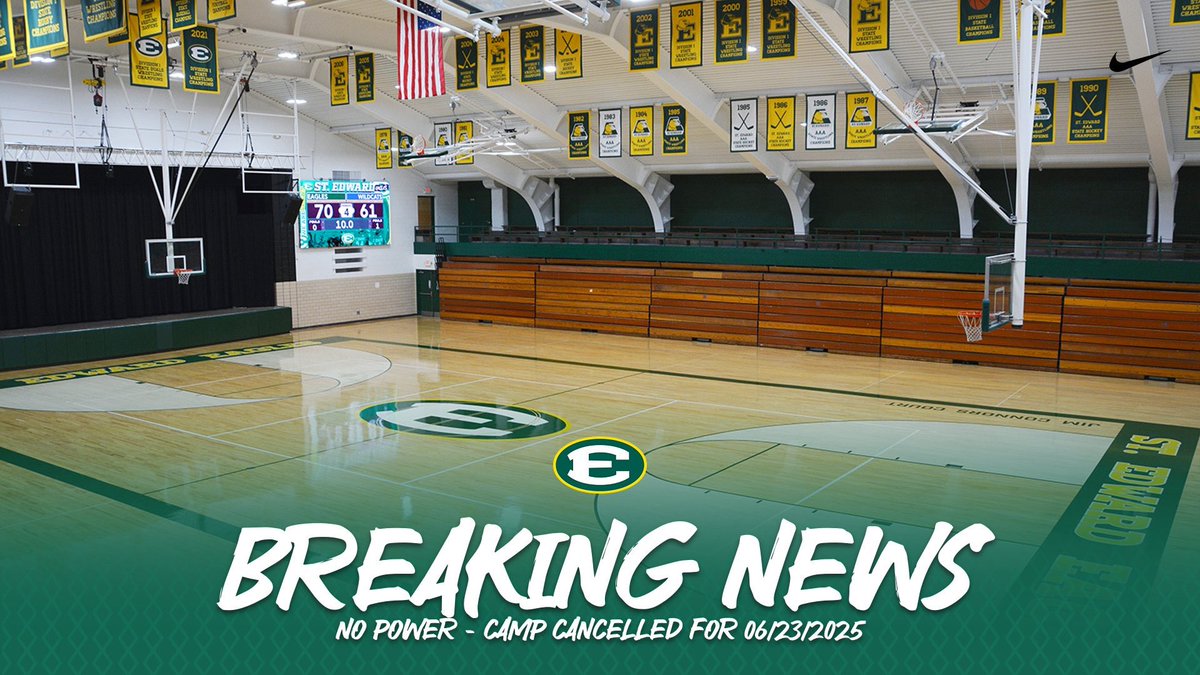 ⚠️ Due to a power outage at St. Edward High School, today’s basketball camp is canceled. We apologize for the inconvenience and will provide updates as soon as possible. Stay safe! 🟢🦅
