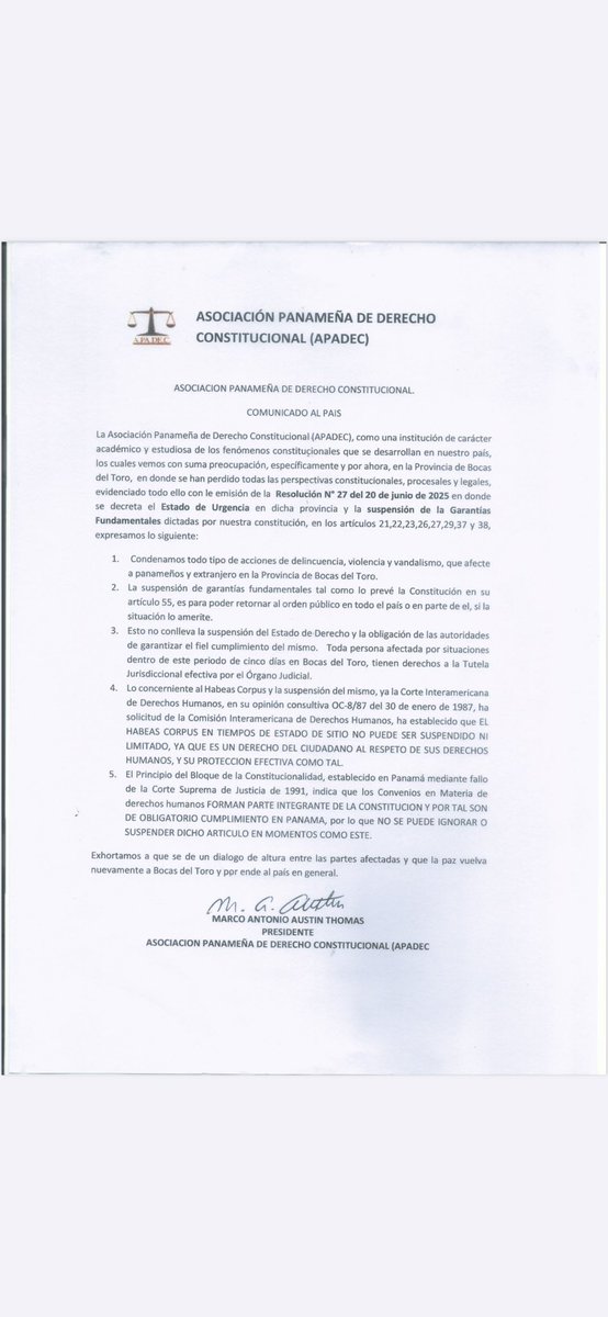 Comunicado de la Apadec sobre la situación en el país