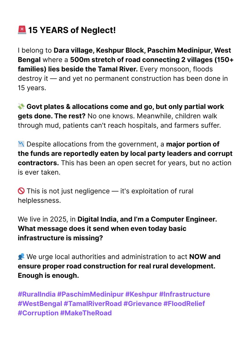 bhunia_sou14088's tweet photo. 15 YEARS of Neglect!
A 500m road in Dara still undone 150+ families suffer floods yearly. Govt funds flow, major portions eaten by local leaders.Patchwork happens. "Digital India" forgets basic roads?
@MamataOfficial @nitin_gadkari @DidiKeBolo @DM_PasMed @PMOIndia  @narendramodi https://t.co/Lym3FRMzKL