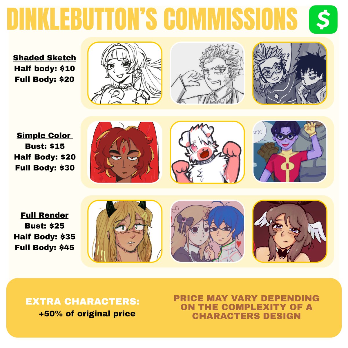 dinklebutton's tweet image. Hi guys i'm opening commissions and this is my commission SHEET!!! If you're interested or have questions, you can DM me...💛