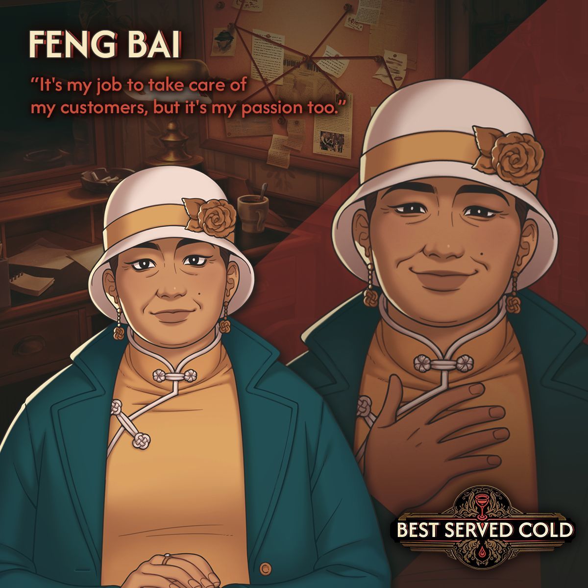RoguesideGames's tweet image. Meet Feng Bai. Owner of The Tea Terrace. Feng’s kindness and wisdom are a support to many. Her gentle exterior hides a strong sense of justice.
#BestServedCold #VisualNovel #Cocktails #IndieGame #MurderMystery