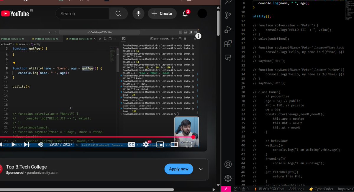 Het836's tweet photo. Day 27 of #100DaysOfCode 
Learning:  Classes and Default parameters in JS(#47)

(Note: I follow this playlist: https://t.co/3x2Qk6FASu )
#WebDevelopment 
#makeEveryDayBetter
#100daysofcoding
#100DaysOfCode
#CodeNewbie
#CodingChallenge
#LearnToCode
#DeveloperJourney
#Programming https://t.co/PIgc8YmyjP