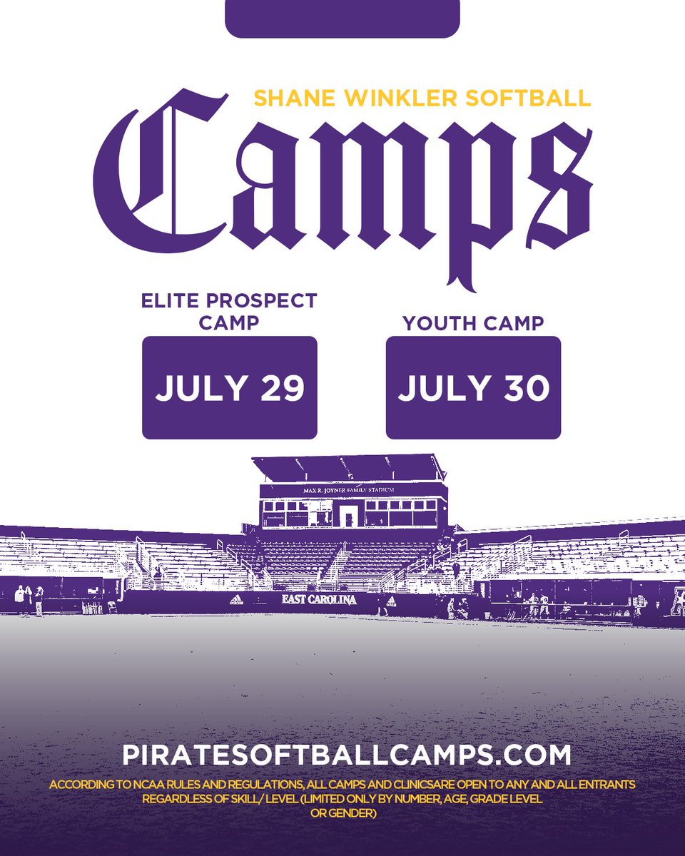 Shane Winkler Softball Camps are open for registration! Head over to piratesoftballcamps.com for more information. Hope to see you in Greenville! 🏴‍☠️