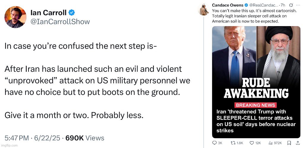 We’ve reached the point where the clickbait influencers are now BEGGING for Iran to kill Americans, so they can be right about their claims that we are at war.

They want US boots on the ground in Iran so they can say “see I told you Trump is George Bush”.

Unhinged behavior.