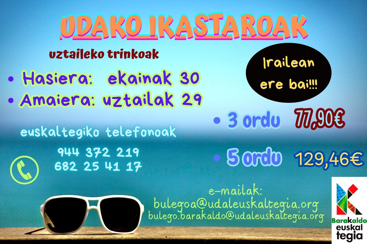 Ya están en marcha los #cursos de verano en el Euskaltegi Municipal de #Barakado. Hay cursos de 3 y 5 horas. Si estás pensando perfeccionar tu euskera, no te lo pienses. 

 ☎ 944 37 22 19
📲 682 25 41 17 (Whatsapp)