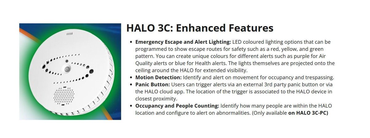 SecurityGroupD's tweet image. The HALO Smart Sensor 3C has additional features to the #vapedetection and #healthandsafety #monitoring. This includes emergency escape and alert lighting, motion detection, a #panicbutton and Occupancy and People Counting with the HALO 3C-PC. securitygroupltd.co.uk/security/vape-… #safety