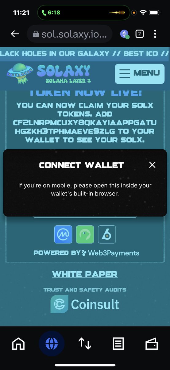James9691689755's tweet photo. @SOLAXYTOKEN I bought mine eight months ago with my Coinbase wallet now finally it’s life 50+ million dollars later and it won’t let me claim my tokens. It will not let me open the claim. It just shows this. When I hit the black area because it’s opened in my wallet, it does nothing https://t.co/XpRbMhWjoE