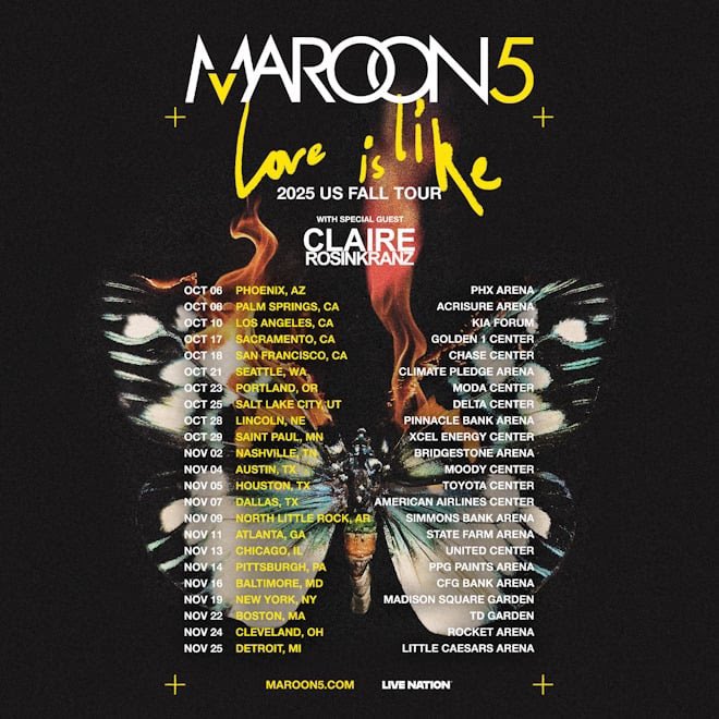 Maroon 5 have announced the Love Is Like tour w/ Claire Rosinkranz!