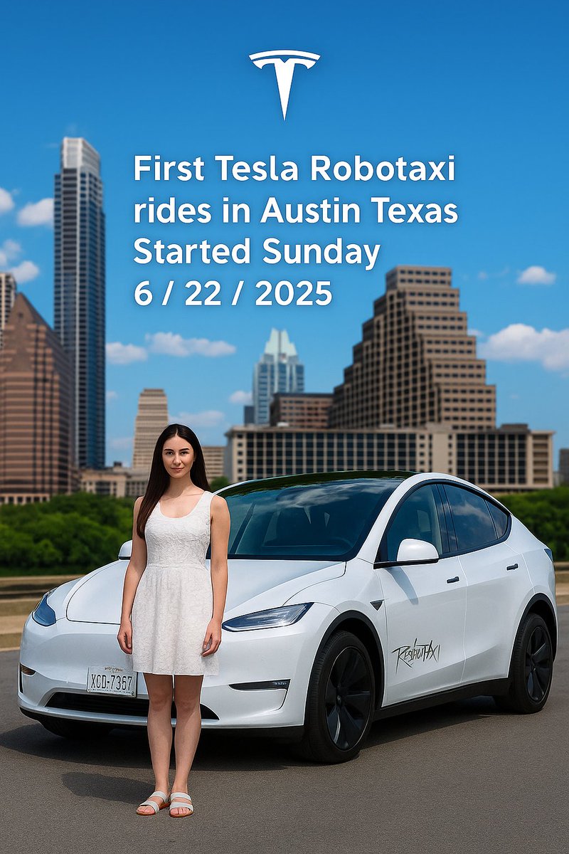 Elluscient's tweet photo. History Made For TESLA! First Tesla Robotaxi rides in Austin Texas Started Sunday 6/22/2025! 🚗🤖

Would You Ride a Driverless Tesla? 👀
This Is What the Future Looks Like?
No Driver, No Problem. Tesla Robotaxi Takes Over Austin!
Robotaxi Just Pulled Up &amp; Totally Empty Up Front! https://t.co/Ymmr9019KV