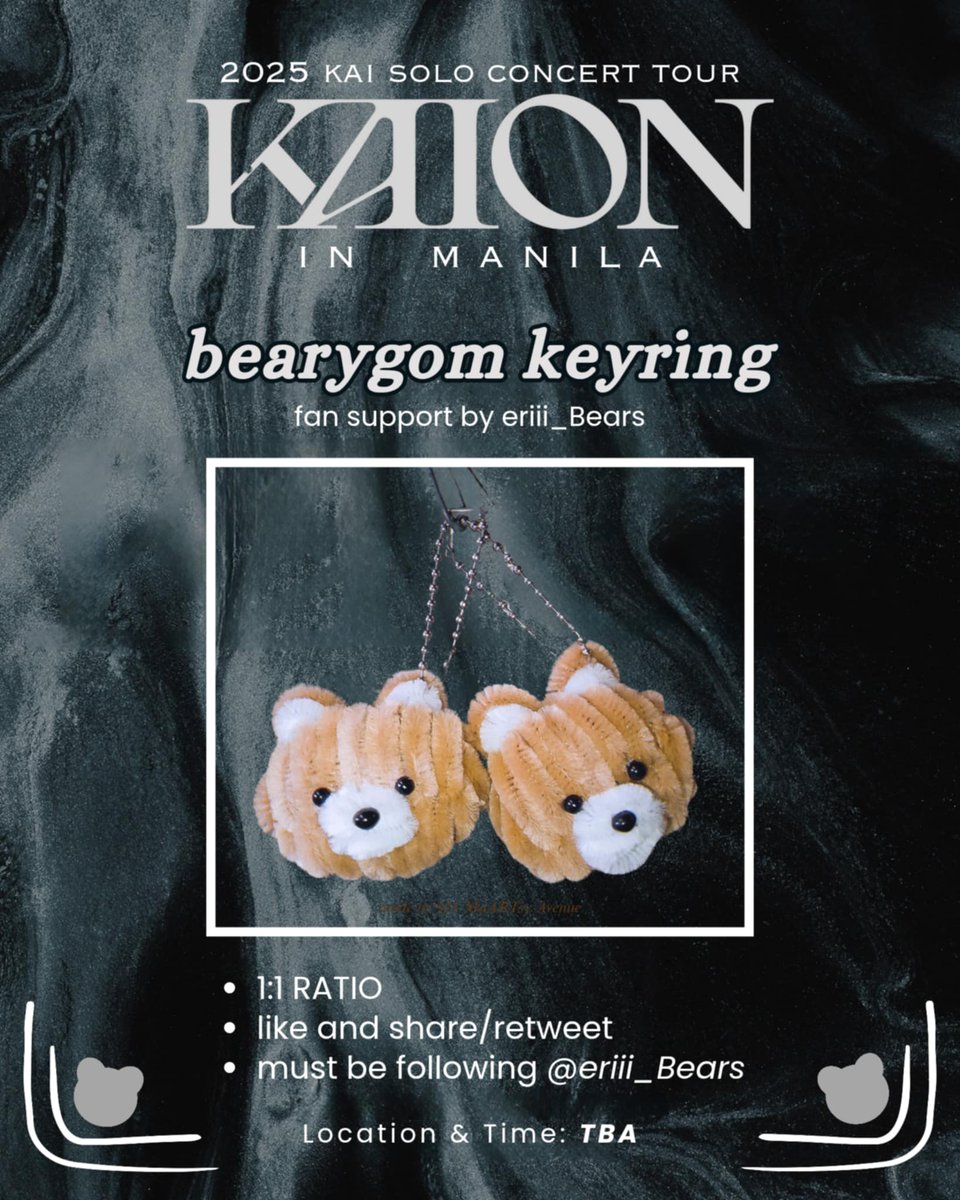 💛 #KAIONinManila fan support by eriii_Bears 💛
💛 Bearygom Keyring &amp; KAIrono Phone Charm 💛

🧸 Like &amp; RT this post
🧸 MBF me
🧸 Limited Qty. (Strictly 1:1 only)
🧸 Time &amp; Loc. - TBA
🧸 ON THE SPOT TRADING ONLY
🧸 Will be given out separately
🧸 For EXO-Ls and Erigoms ONLY