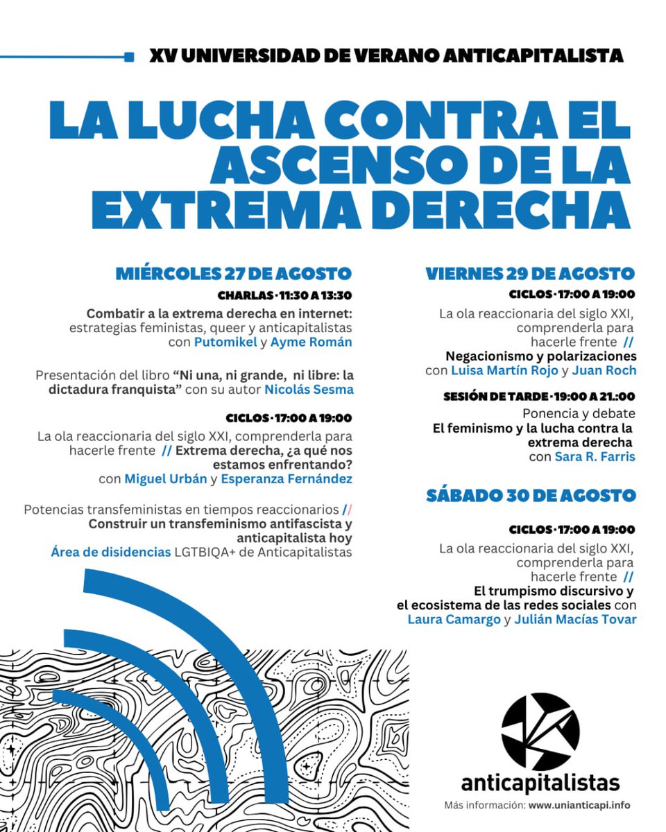 Laura Camargo Fernández (@laurarevolta) on Twitter photo Programón en la XV #UniAnticapi sobre luchas contra el ascenso de la extrema derecha: Sara R. Farris,<a href="/_ayme/">Ayme 🇵🇸</a> <a href="/JulianMaciasT/">Julián Macías Tovar</a> <a href="/nicoabu/">Nicolas Sesma</a> <a href="/jrochg_uoc/">Juan Roch Gonzalez</a> <a href="/LuisaMRojo/">Luisa M. Rojo,</a> <a href="/PutoMikel/">PutoMikel</a> <a href="/MiguelUrban/">Miguel Urbán Crespo</a> y más.
🎟️ Programa e inscripciones (precio reducido hasta el 1 de julio), en unianticapi.info Programón en la XV #UniAnticapi sobre luchas contra el ascenso de la extrema derecha: Sara R. Farris,<a href="/_ayme/">Ayme 🇵🇸</a> <a href="/JulianMaciasT/">Julián Macías Tovar</a> <a href="/nicoabu/">Nicolas Sesma</a> <a href="/jrochg_uoc/">Juan Roch Gonzalez</a> <a href="/LuisaMRojo/">Luisa M. Rojo,</a> <a href="/PutoMikel/">PutoMikel</a> <a href="/MiguelUrban/">Miguel Urbán Crespo</a> y más.
🎟️ Programa e inscripciones (precio reducido hasta el 1 de julio), en unianticapi.info