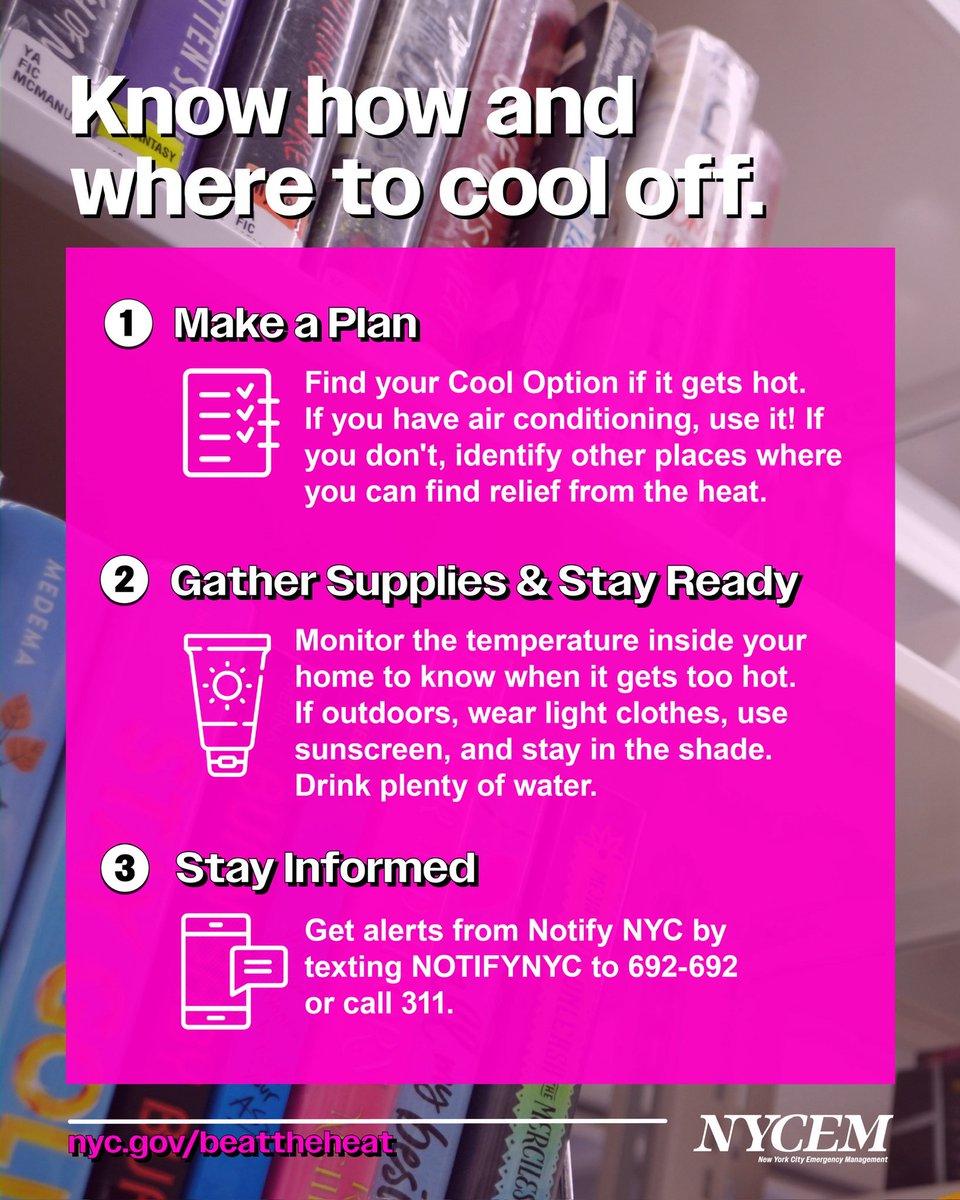 🚨Heat kills. More New Yorkers die from heat each year than from hurricanes, floods, or winter storms—often in homes without A/C. Make a plan now. 

✔️Use your A/C

✔️ Know your cool options

Find your cool option at nyc.gov/BeatTheHeat