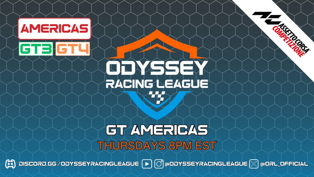ORL_Official's tweet photo. 🔥 Ready to race? The GT Americas | Season 18 championship is coming to ACC on PC, starting July 3rd! Odyssey Racing League hosts intense Thursday night action – secure your spot, register now, and get on track! 🏁

https://t.co/cfE0vCwV1E

#orl #acc #simracing #esports #gt3 #gt4 https://t.co/L4lfnXDAvv