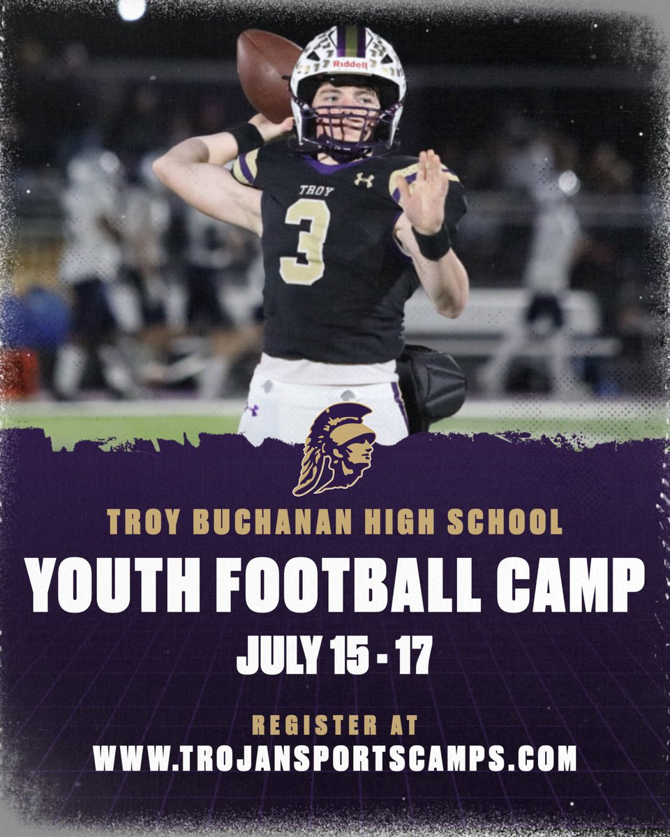 Calling all Future Trojans:

Please join us July 15-17 as we host our annual Youth Football Camp at TBHS! The camp is open to any students entering grades 4-8 in the 2025 school year.

Registration &amp; Details:
trojansportscamps.com/football-camps…

#GoldStandard