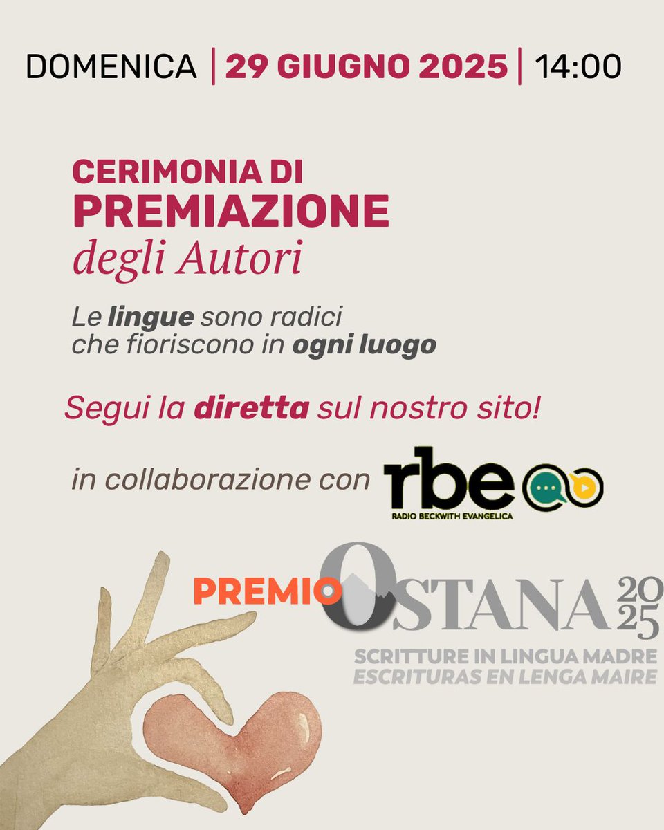 📅 Don’t miss the 17th #PremioOstana award ceremony!

🏅 #Authors from around the world will be honored and perform in their #motherlanguages.

🌍 Watch the #live #stream anywhere thanks to <a href="/rberadio/">RBE Radio</a>

🔗 premioostana.it 

🗣 Info available also in #English.