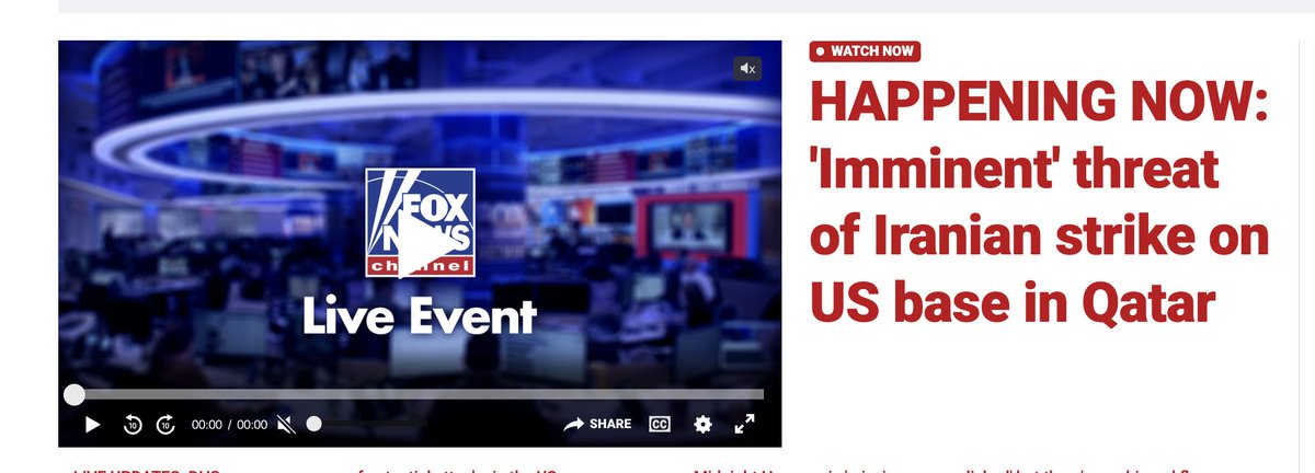 lilahass's tweet image. The latest in the hour update: Fox News is reporting that an Iranian strike on US airbase in Qatar is imminent. Qatar has both issued a statement that it is under no threat but also closed its airspace out of caution. The US Embassy in Doha asked citizens to shelter in space.