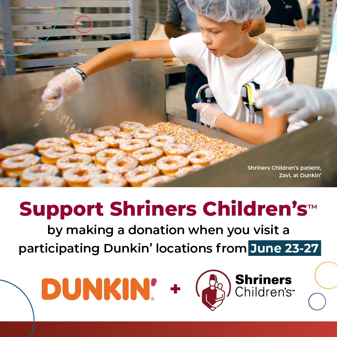 ShrinersFlorida's tweet image. It's officially Dunkin’ giveback
week, and you DONUT want to miss out! 🍩😋☕️ From June 23rd - June 27th, @dunkindonuts customers will have the opportunity to make a donation in support of @shrinershosp. Find a participating location 🔗➡️ tinyurl.com/bdeprfr3 ♥️🙏 #TY #dunkin