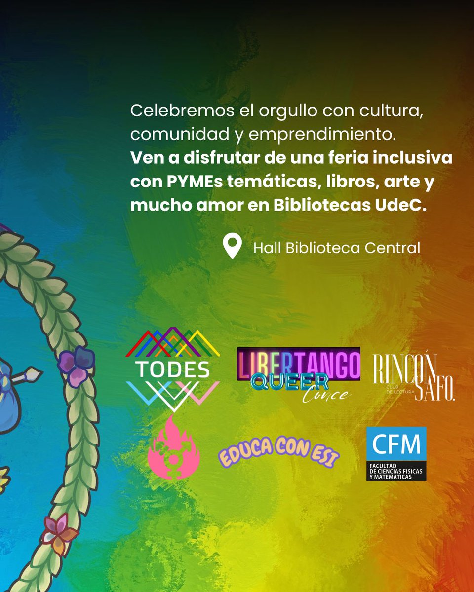 UdecBibliotecas's tweet image. #ComunidadUdeC. Vive una jornada de orgullo, arte y diversidad en #BibliotecasUdeC, con feria de PYMEs temáticas, show de Tango Queer y préstamo especial de la colección “Orgullo: Bibliotecas con Diversidad”.
🗓️Jueves 26.
⏰13:00 hrs.
📍Biblioteca Central.
¡Les esperamos!