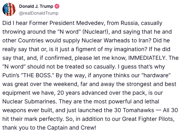 TrumpDailyPosts's tweet photo. Donald J. Trump Truth Social 06.23.25 11:27 AM EST