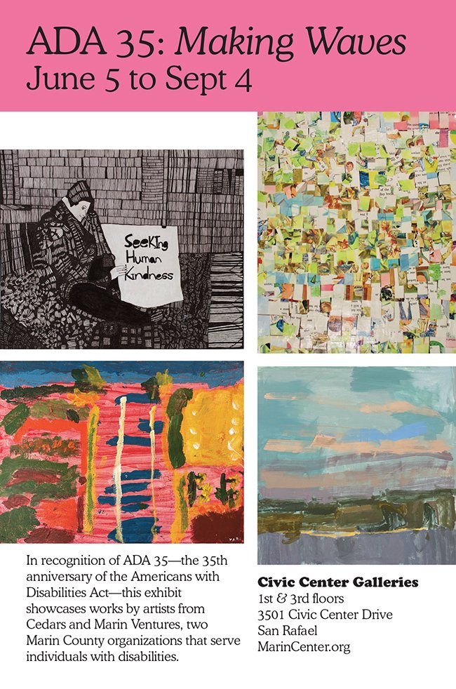 🎨 In honor of ADA 35, visit the Civic Center Art Gallery to explore a powerful exhibit featuring works by artists from Cedars and Marin Ventures, two local organizations that support individuals with disabilities. Learn more: marincounty.gov/departments/cu…