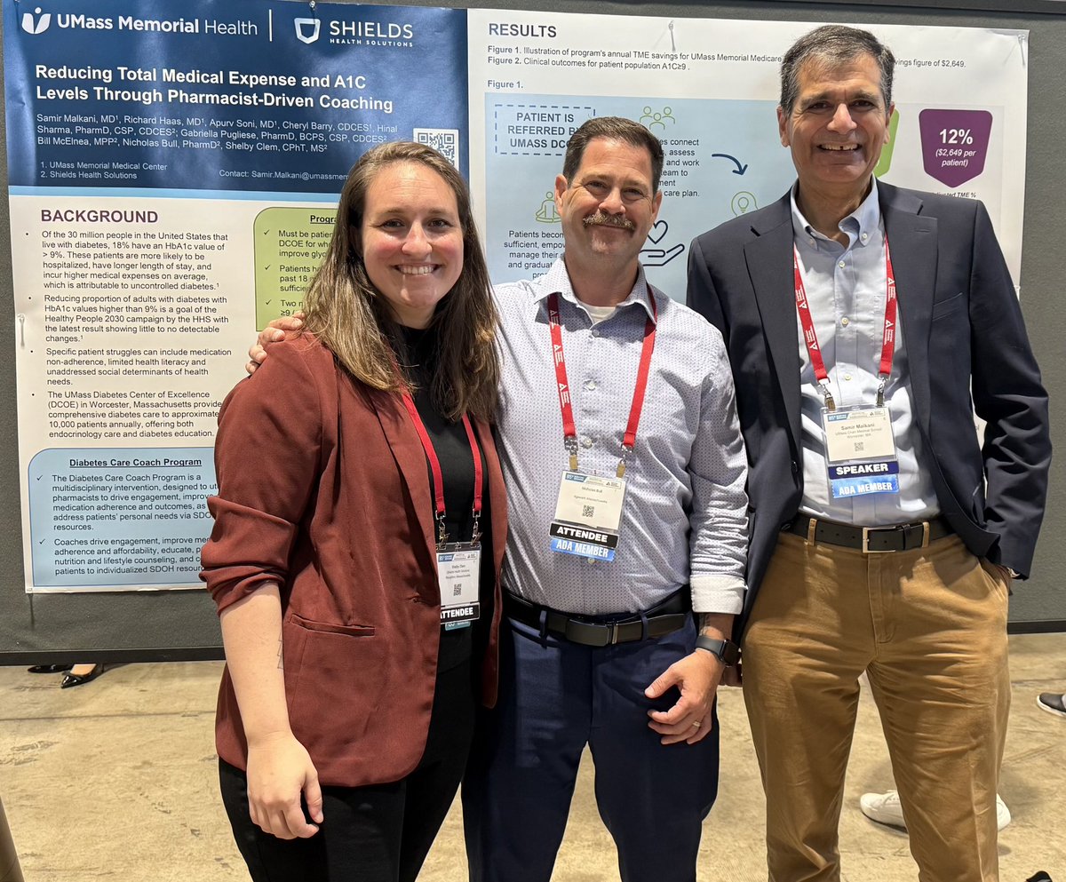 UMassDiabetes's tweet image. DCOE Clinical Chief Samir Malkani, MD (right) at @AmDiabetesAssn #ADA2025 presented success data from the @umassmemorial Diabetes Care Coach Program with @shields_health umassmed.edu/dcoe/diabetes-…