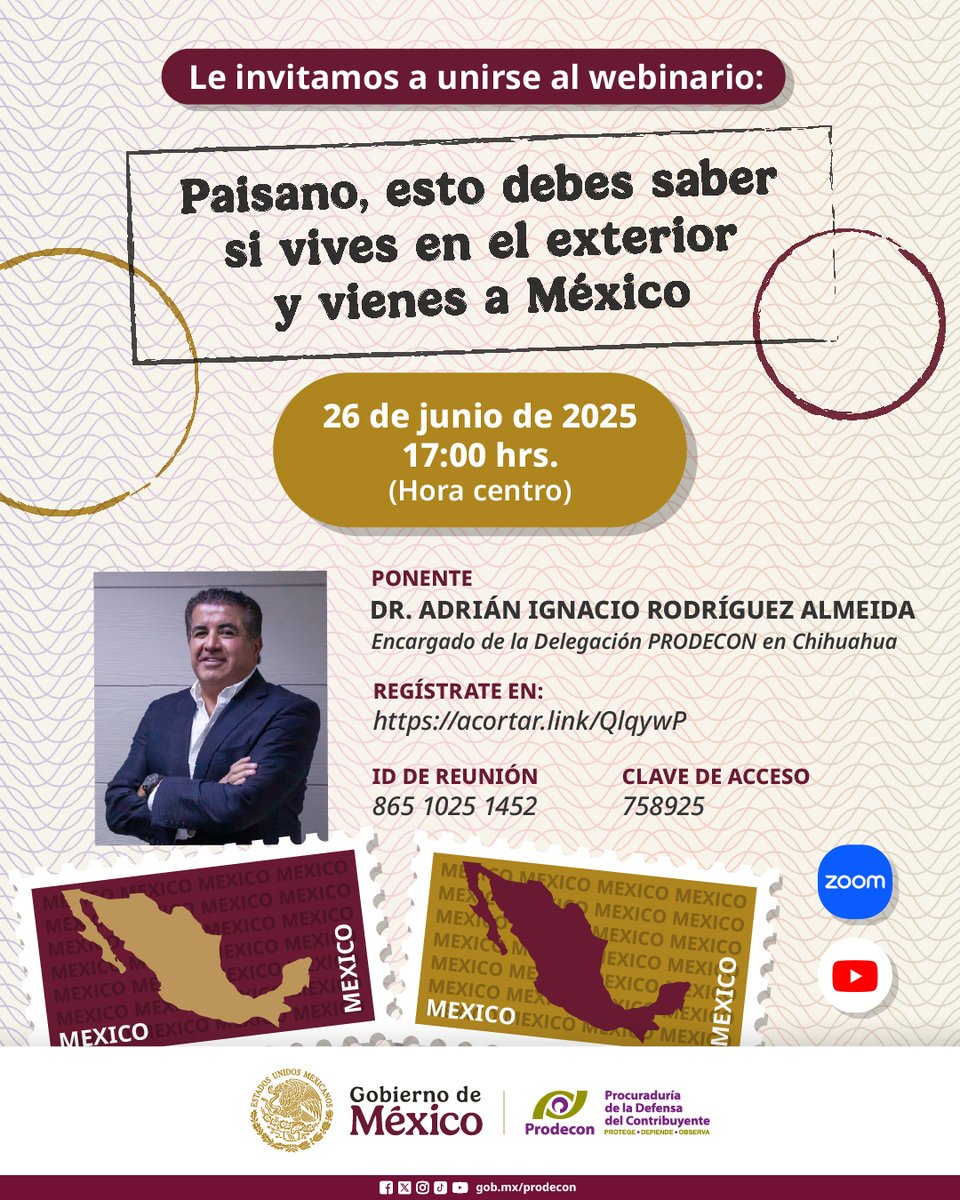 🏡 ¿Vives en el extranjero y planeas visitar #México próximamente? 🇲🇽

En nuestro #WebinarioPRODECON, te diremos todo lo que necesitas saber para proteger tus derechos ante las autoridades fiscales durante tu visita . ⚖️👩‍👩‍👧‍👧

💻 ¡Participa desde cualquier lugar!
📱 Regístrate