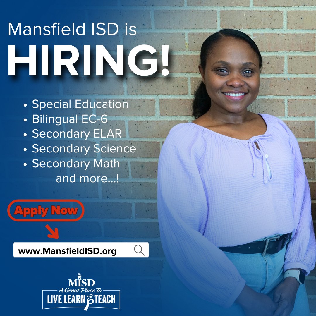 Mansfield ISD could be your next home.

We offer the highest starting salary for first-year teachers in the DFW metroplex—and that’s just the beginning.

Apply today, mansfieldisd.org/join-misd/appl….