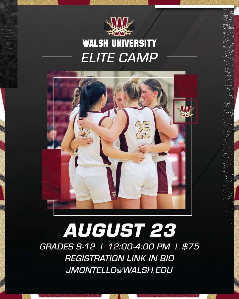 Join us for the Walsh University Women’s Basketball Elite Camp on Saturday, August 23! Learn from our coaching staff &amp; players, compete in collegiate level drills, and explore campus! Registration link in bio #swordsup⚔️
