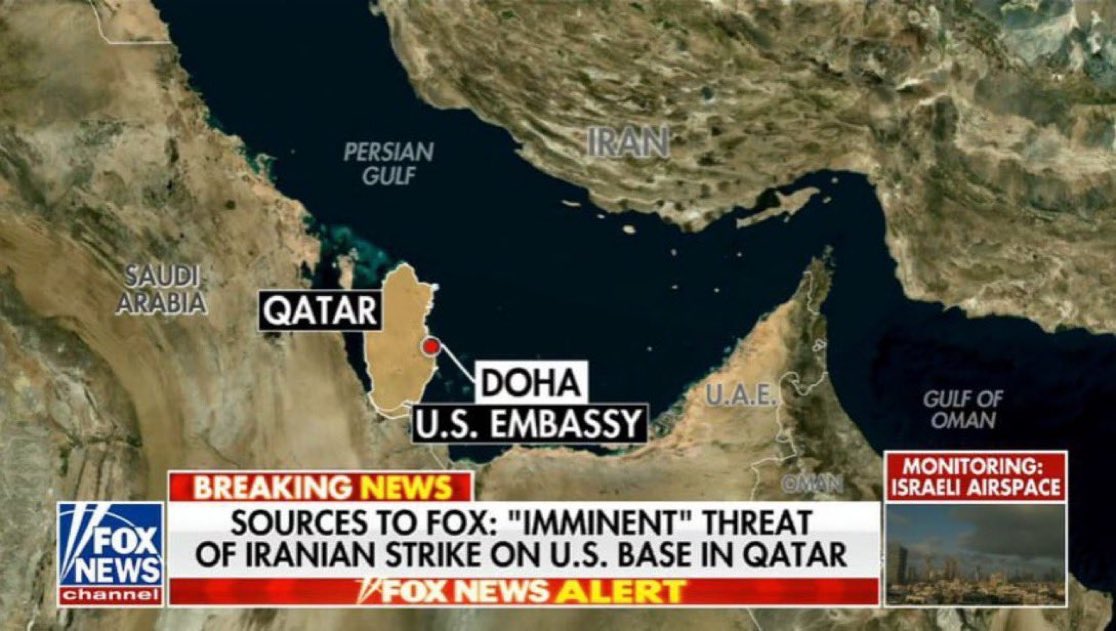 LeDirectInfo's tweet image. 🚨🇺🇸🇮🇷🇶🇦 ALERTE INFO Une base américaine au Qatar est sous la menace IMMINENTE d’une attaque par l’Iran, selon Fox News. Le Qatar a fermé son espace aérien, et les ambassades américaine et britannique appellent au CONFINEMENT.
#IsraeliranWar
