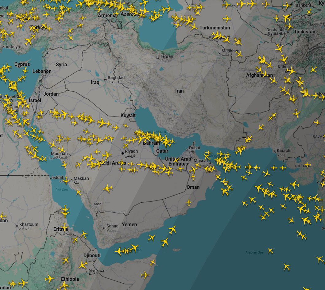 Qatar space closed. 

This how the middle east looks right now.