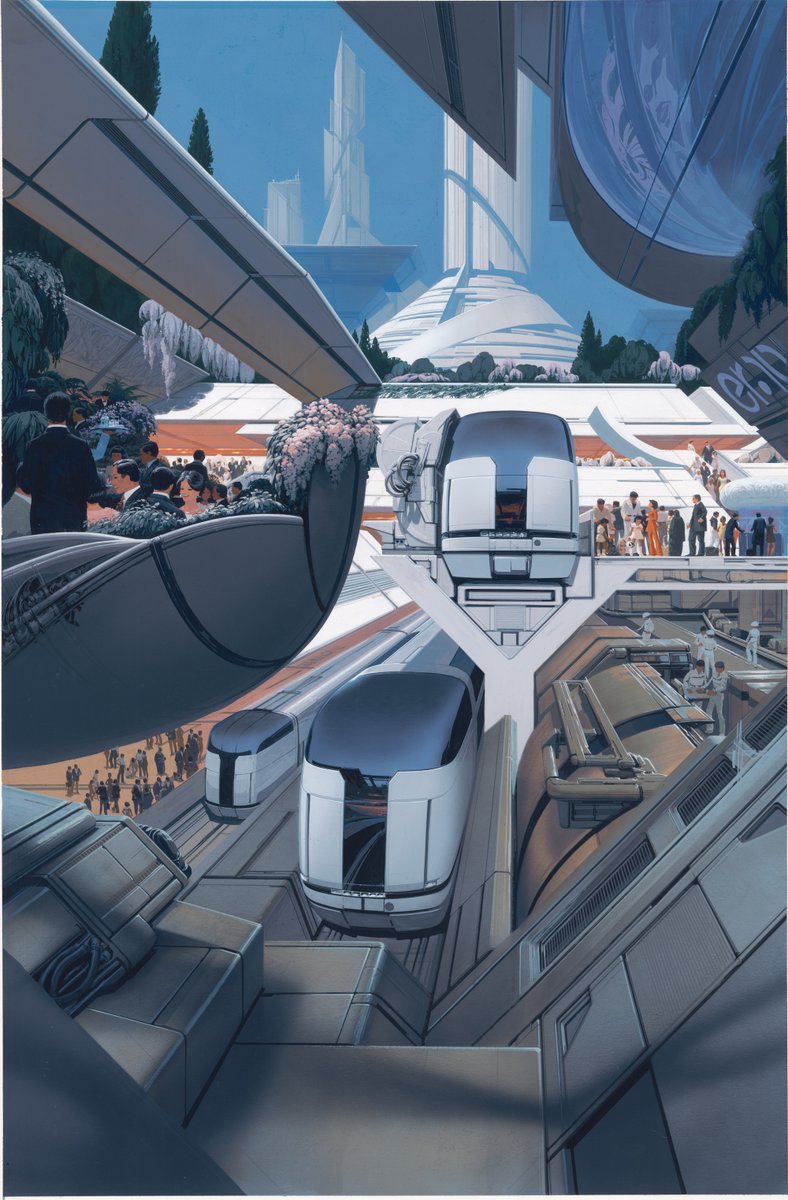 A vision of luxury and efficiency in future rail travel. This station merges automation with elegance—automated trains glide into platforms, while multi-level circulation ensures seamless movement between special venues, passenger services, and baggage areas. 

In the distance, a