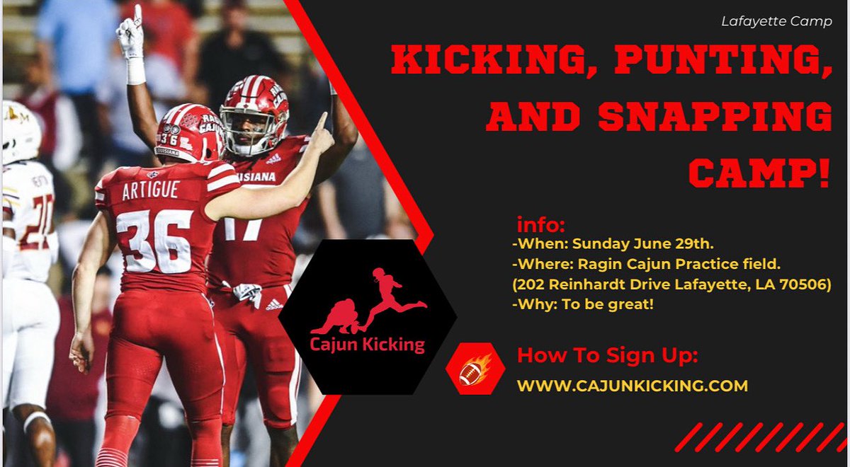 Kicking, Punting &amp; Snapping Camp! This Sunday June 29th at the UL practice field! 🏈Sign up at cajunkicking.com/event-details-…   LINK IN BIO AS WELL!