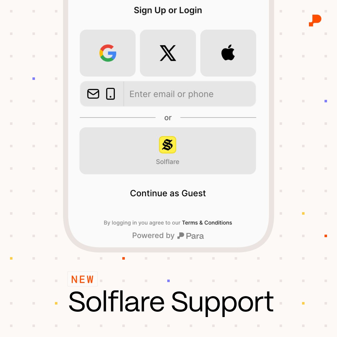 1/ Adding <a href="/solflare/">Solflare - The Solana Wallet</a> to your <a href="/solana/">Solana</a> app just got easier ✴️

Support one of Solana’s most-used wallets in the Para modal with just a few lines of code – compatible with both web3.js and Anchor