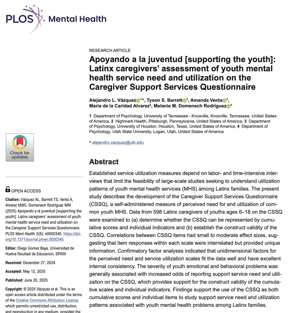🚨New pub🚨

Looking for a caregiver self-report measure of youth mental health support need and utilization? Our new paper evaluates the Caregiver Support Services Questionnaire within a sample of Latinx caregivers. The new measure is open access.🎉🎊

dx.doi.org/10.1371/journa…