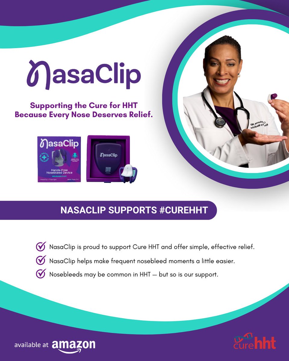 Every nose deserves relief — especially those affected by HHT. 💜
We’re proud to support @Cure_HHT in their mission to find a cure.
From frequent nosebleeds to everyday peace of mind, NasaClip is here to help.

#CureHHT #NosebleedSupport #HHTAwareness #StopTheBleed #NasaClip
