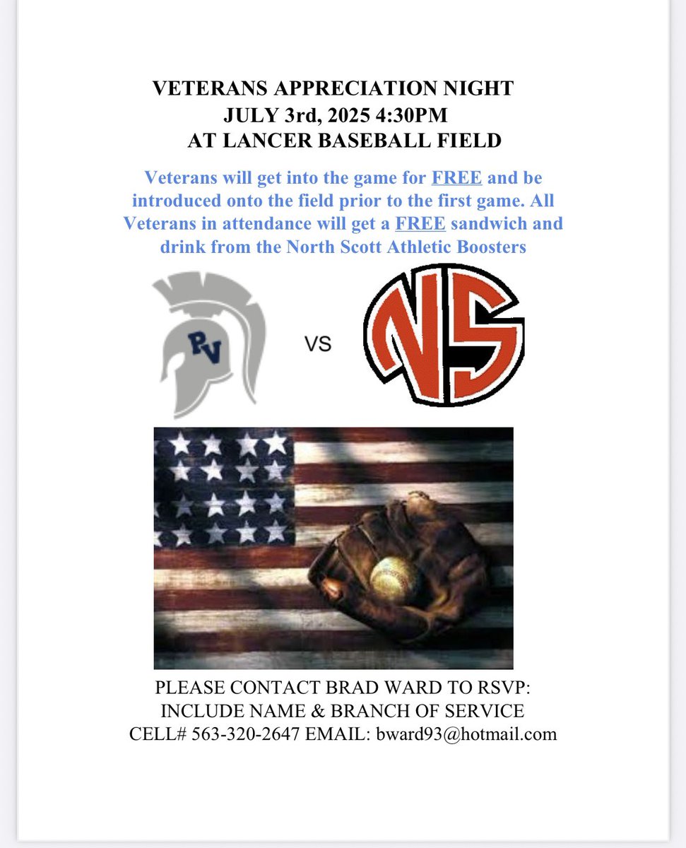 North Scott Baseball (@n_s_baseball) on Twitter photo Getting closer to our Annual Veterans Appreciation Night…RSVP to get into the game for free, honored on the field, free meal from <a href="/NSboosters/">NS Athletic Boosters</a>, and Tshirt courtesy of GT Sports! Getting closer to our Annual Veterans Appreciation Night…RSVP to get into the game for free, honored on the field, free meal from <a href="/NSboosters/">NS Athletic Boosters</a>, and Tshirt courtesy of GT Sports!