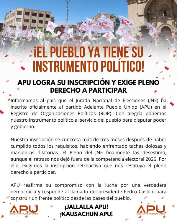 APUnacional's tweet photo. 📣 ¡APU INSCRITO!

💪 El pueblo ya tiene su instrumento político.

🔥Exigimos nuestro derecho a participar en las elecciones nacionales y regionales 2026.

Con Adelante Pueblo Unido - APU, el pueblo vuelve a la cancha. 

#APU2026 #PoderPopular #APU https://t.co/HxduTm4HlN