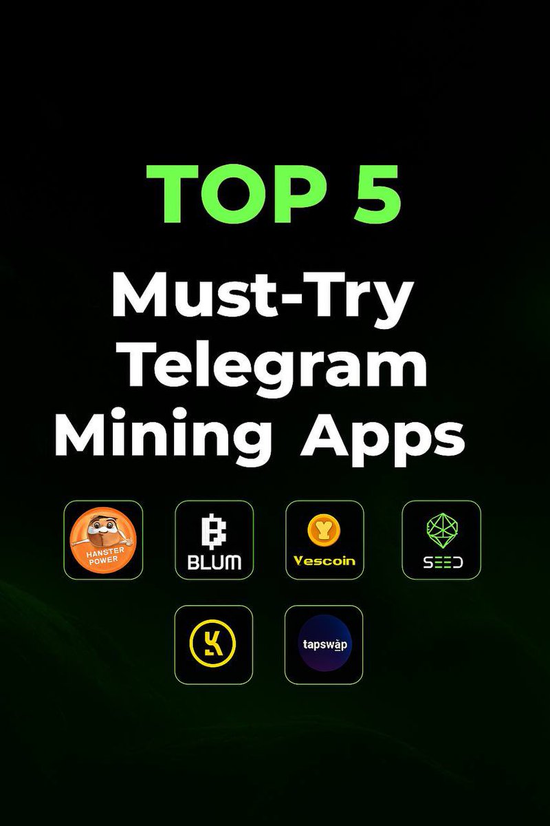 Telegram is becoming the new frontier for #GameFi

Here are the Top 5 Telegram Mining Apps you NEED to try:

🐹 @Hamster_kombat – $HAMSTR
🟧 <a href="/Yescoin_Fam/">Yescoin</a> - $YES
🟣 <a href="/tapswapai/">tapswap</a> – $TAP
🟩 <a href="/SeedCombinator/">SEED Combinator 🌱</a> – $SEED
⬛️ @BlumCrypto – $BLUM

Nothing feels better than making money from