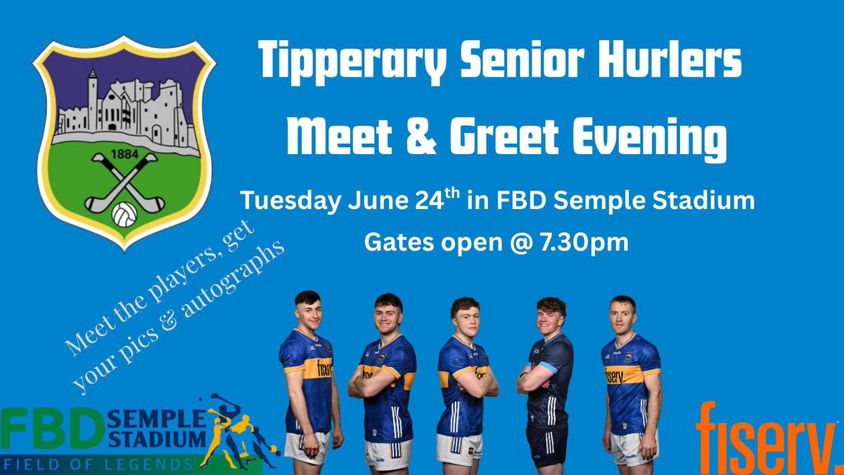 Ahead of their All Ireland Senior Hurling Championship clash with Kilkenny, The Tipperary Senior Hurling panel along with team management will hold a meet &amp; greet evening in FBD Semple Stadium, this Tuesday June 24th @ 7:30pm.
It is sure to be a great evening.