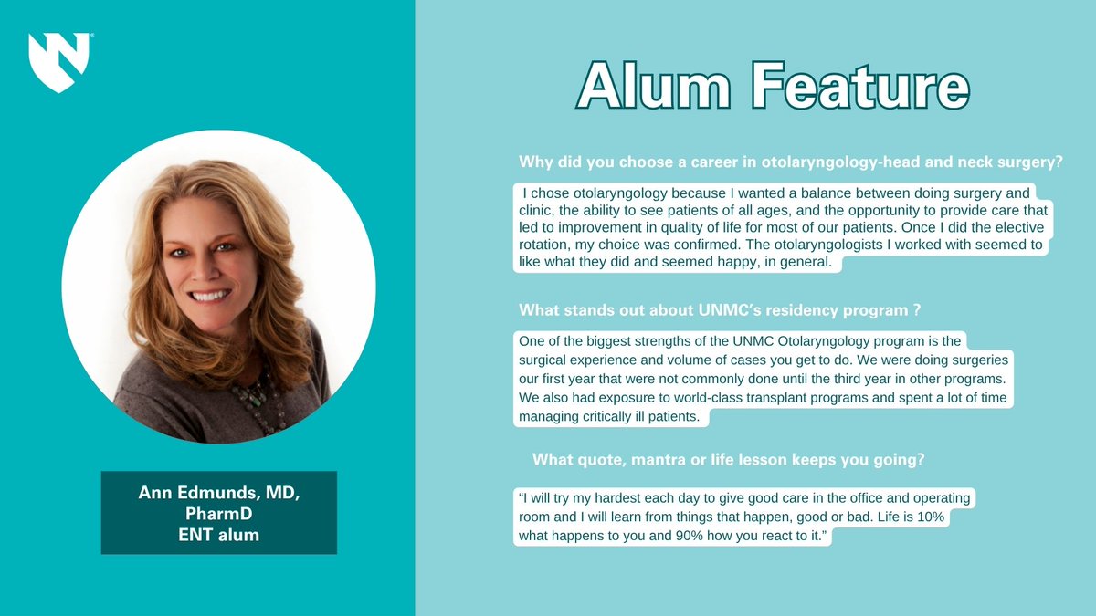 Get to know our #UNMCENT alum!

Dr. Ann Edmunds completed her post-graduate residency training in our otolaryngology/head and neck surgery program. She has been in private practice since completing her specialty training. 

Learn more on what she chose a career in otolaryngology: