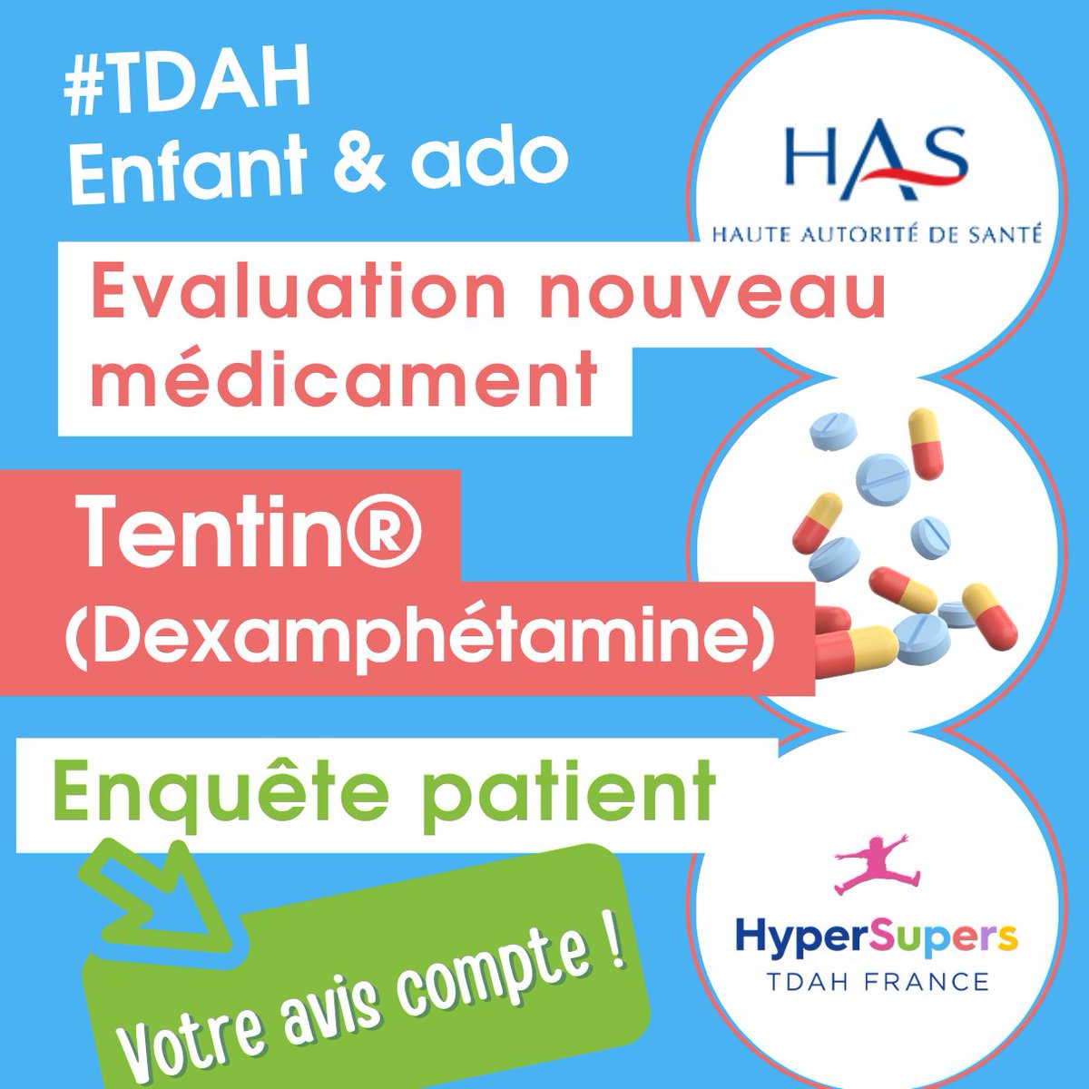 HyperSupers TDAH🎗️ (@tdahypersupers) on Twitter photo 🔎Nouveau traitement par Dexamphétamine, le TENTIN, prescrit dans le cadre d’un #TDAH chez l’enfant : votre #participation à l’enquête en cours est précieuse.
📌 Un dossier de demande de remboursement de ce traitement va être évalué par la <a href="/HAS_sante/">Haute Autorité de santé</a>
tdah-france.fr/Enquete-patien… 🔎Nouveau traitement par Dexamphétamine, le TENTIN, prescrit dans le cadre d’un #TDAH chez l’enfant : votre #participation à l’enquête en cours est précieuse.
📌 Un dossier de demande de remboursement de ce traitement va être évalué par la <a href="/HAS_sante/">Haute Autorité de santé</a>
tdah-france.fr/Enquete-patien…