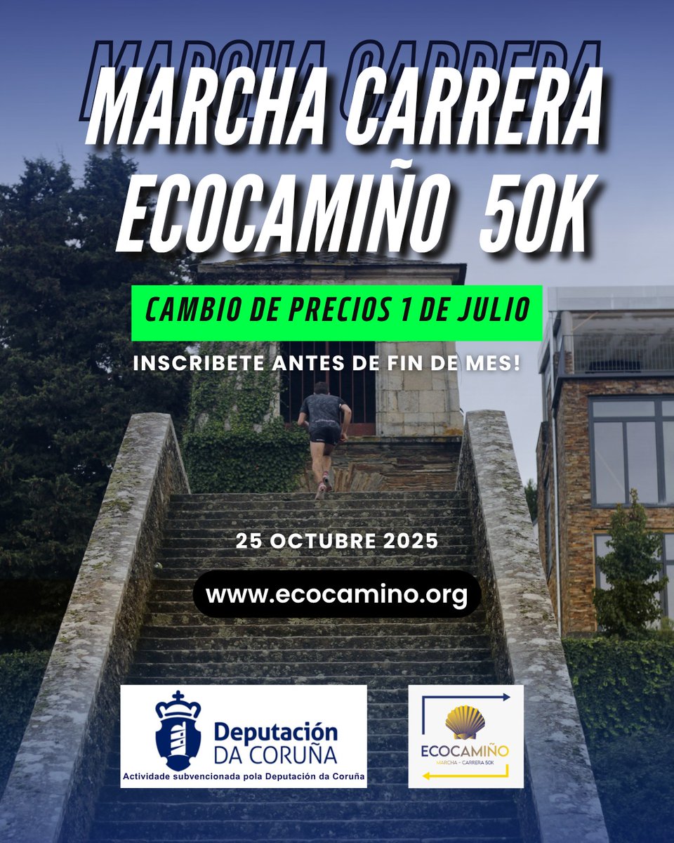 Aprovecha los últimos días a precio reducido y apúntate a la marcha carrera ecocamiño 2925!!🏃🏻‍♀️

Para apuntarte ➡️ecocamino.org

#ecocamiño #ecodeporte #deputaciondacoruña #galicia #marchacarrera2025 #preciosreducidos #deporte #santiago