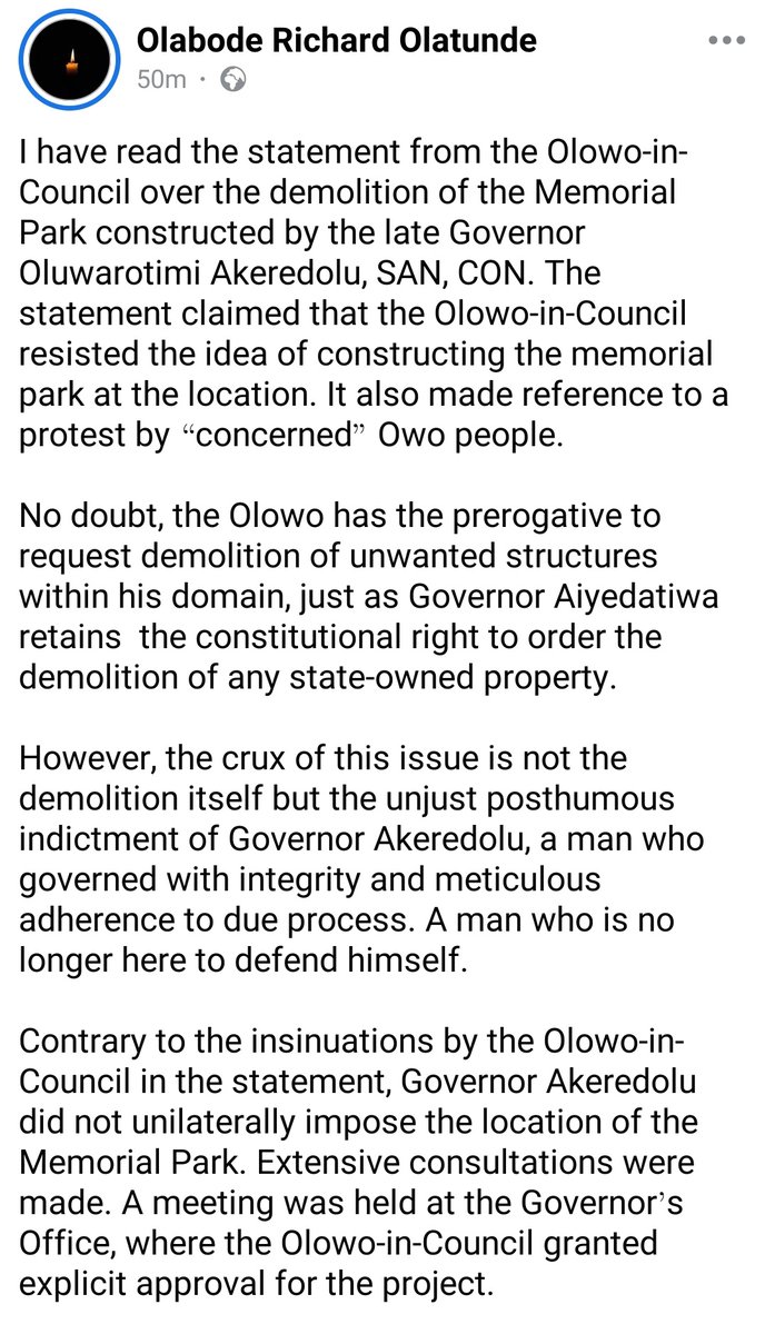 OndoFirstBorn's tweet image. Demolition of Owo Memorial Park: The CPS to Governor Akeredolu has shared that the construction of the park on the land was approved by Olowo & the Olowo-in-council, stressing that Aketi offered another location but they agreed to the chosen site.
The question is; what changed?