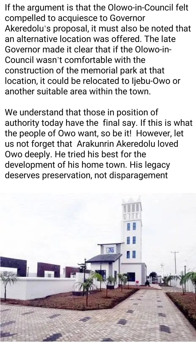 OndoFirstBorn's tweet image. Demolition of Owo Memorial Park: The CPS to Governor Akeredolu has shared that the construction of the park on the land was approved by Olowo & the Olowo-in-council, stressing that Aketi offered another location but they agreed to the chosen site.
The question is; what changed?