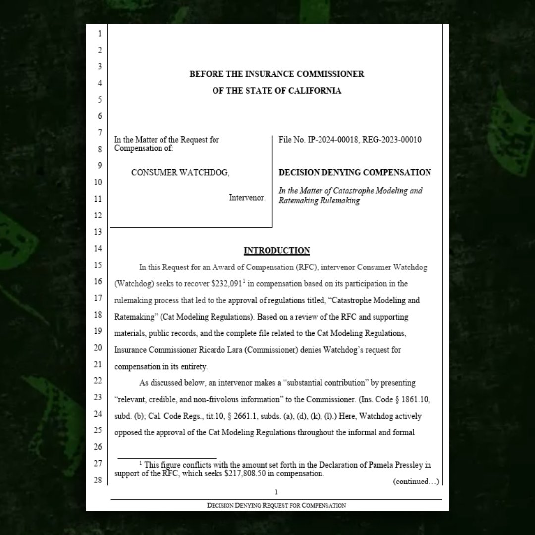 Consumer Watchdog Exposed (@exposingcw) on Twitter photo ๐จ In a sharp rebuke, @CDINews rejects <a href="/ConsumerWD/">Consumer Watchdog</a> shakedown attempt to cash in on catastrophe modeling regs, noting โโฆ<a href="/ConsumerWD/">Consumer Watchdog</a> undertook a calculated campaign of misinformationโฆto obstruct and undermine the approvalโ of regulations. <bit.ly/3HPPhXB> ๐จ In a sharp rebuke, @CDINews rejects <a href="/ConsumerWD/">Consumer Watchdog</a> shakedown attempt to cash in on catastrophe modeling regs, noting โโฆ<a href="/ConsumerWD/">Consumer Watchdog</a> undertook a calculated campaign of misinformationโฆto obstruct and undermine the approvalโ of regulations. <bit.ly/3HPPhXB>