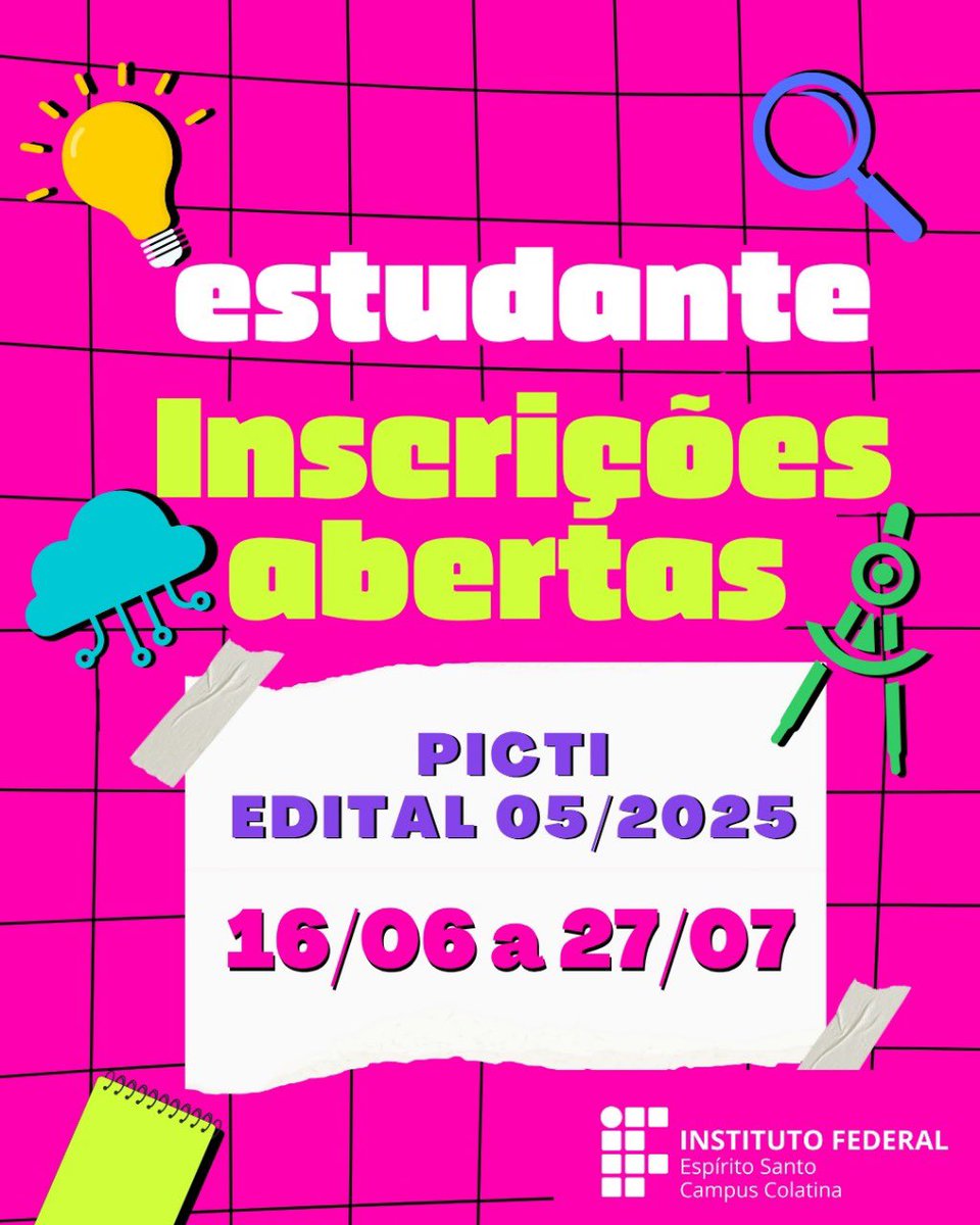 Quer fazer parte da Iniciação Científica do Ifes? Se você é aluno do técnico ou da graduação do Ifes Colatina, essa é a sua chance de participar de projetos de pesquisa e enriquecer sua formação acadêmica! 

📝 Inscrições: 16/06 a 27/07

🌐 Saiba mais: colatina.ifes.edu.br/noticias/17859…
